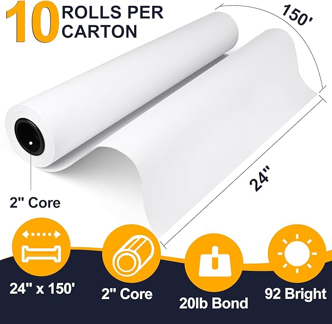 VOISEN Wide Format Paper,Plotter Paper 24 In x 150 Ft 10 Rolls, CAD Bond Rolls,20lb Bond Paper on 2" Core for CAD Printing on Wide Format Ink Jet Printers