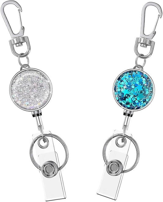 Cute Retractable Badge Reels with Key Ring & Carabiner Belt Clip,2 Pack Glittery Metal Retractable Keychain for ID Cards Name Holder Nurse, Teacher, Students (Silver, Bling Blue)