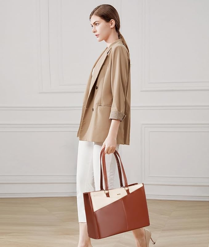 LOVEVOOK Laptop Bag for Women 15.6 Inch Tote Bags Waterproof Leather Briefcase Computer Women Business Office Work Bag,Brown-White