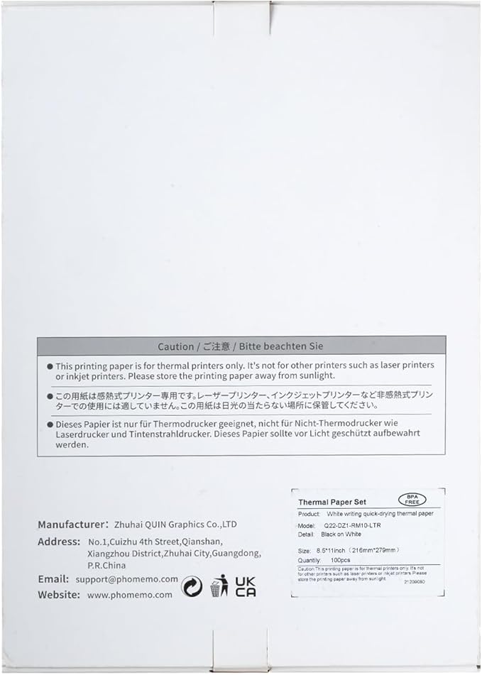 Phomemo US Letter Folding Thermal Paper,Continuous Phomemo M08F Thermal Paper,Compatible with COLORWING M08F, M832, M834, Compatible with HPRT MT800/MT800Q Printer, Size 8.5" x 11",100 Sheets