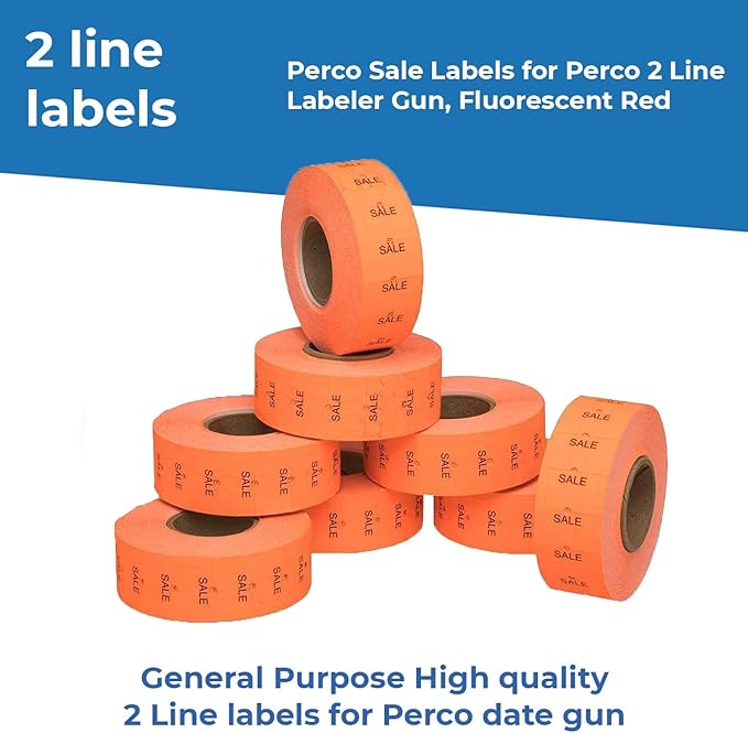 Perco 2 Line Fluorescent Red Sale Labels - 32 Rolls, 4 Sleeves, 24,000 Blank Price and Date Gun Labels for Perco 2 Line Price and Date Guns - Made in USA