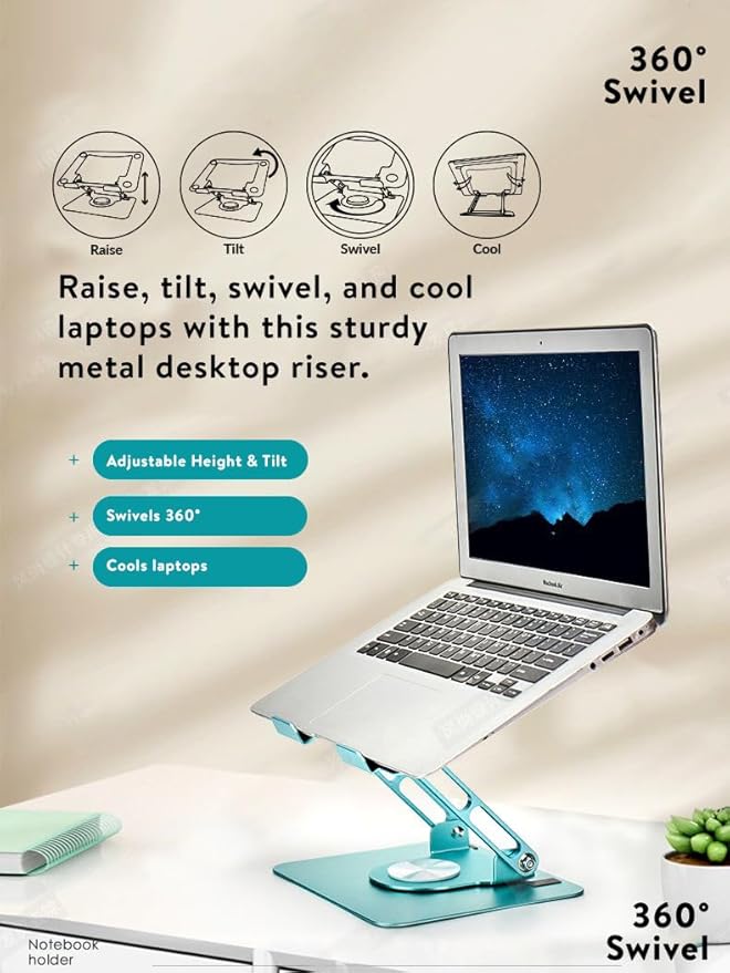 Swivel Laptop Stand for Desk, Adjustable Laptop Stand for Desk w/ 360° Rotation, Raise Tilt Cools Laptop with This Ergonomic Laptop Stand Riser, Collapsible iPad Computer Laptop Stand (Ocean Blue)