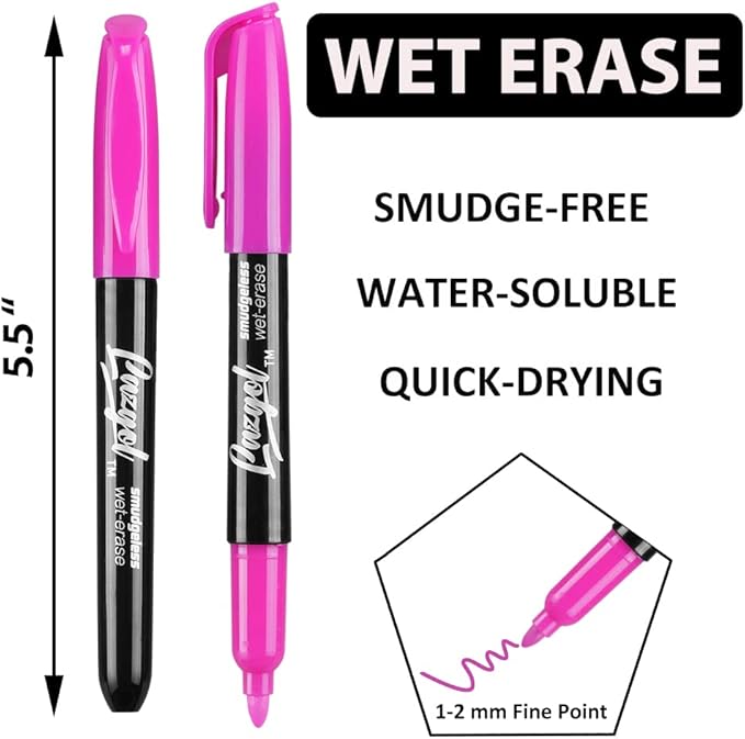 Wet Erase Markers, Bulk Pack of 16 (12 Colors) Fine Tip Overhead Transparency Smudge Free Markers for Dry Erase Whiteboard, Refrigerator Calendars, Glass and Films, Erase with Water