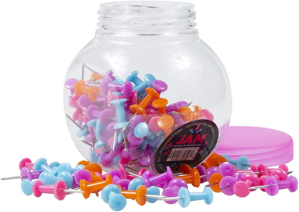 JAM PAPER Colorful Push Pins - Assorted Color Pushpin Jar - 12 Packs of 150