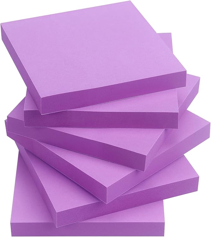 Sticky Notes 3x3 Self-Stick Notes Pads with 6 Bright Colors, Easy to Post for Office, Shool, Home, 6 Pads/Pack, 100 Sheets/Pad (Purple)