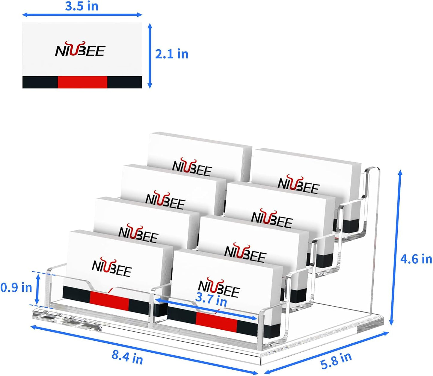 NIUBEE Clear Business Card Holder 4 Tier Acrylic Business Card Stand, 8 Slots Business Card Display for Desk Counter, 600 Card Capacity, 1 Pack