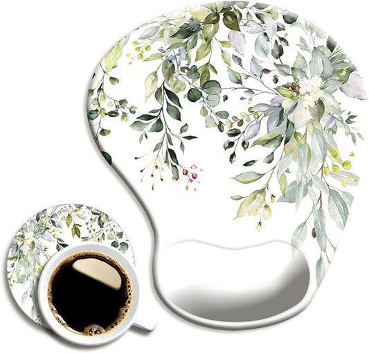 Ergonomic Mouse Pad with Wrist Support and Coaster,Mouse Pads with Non-Slip PU Base for Home Office Working Studying Easy Typing & Pain Relief Watercolor Leaves