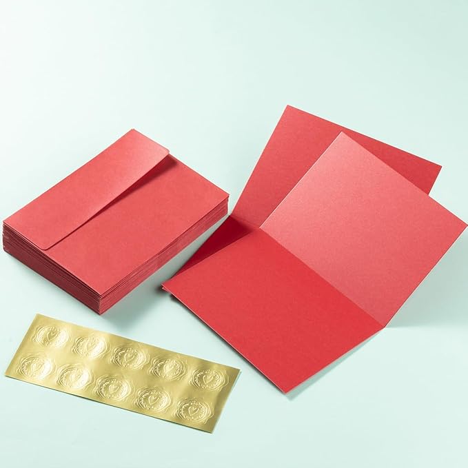 Wishop 50 Pack Shiny Self-Adhesive Envelopes with Shiny Fold Cards for Wedding Invitations, Greeting Cards, Baby Shower, Letter Mailing (Red, 5x7)