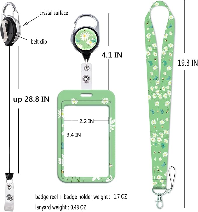 Green Lanyard Badge Holder Daisy Flowers Retractable Badge Reel Clip Cute Lanyard for Keys ID Badge for Women Teens Girls Teachers Aesthetic School ID Holder