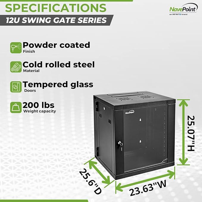NavePoint 12U Server Cabinet with Hinged Back - 25.5” Deep, 12U Server Rack Enclosure with Locking Glass Door, Wall Mount Rack with Removable Side Panels, 12U Network Cabinet with 2 Fans, Assembled
