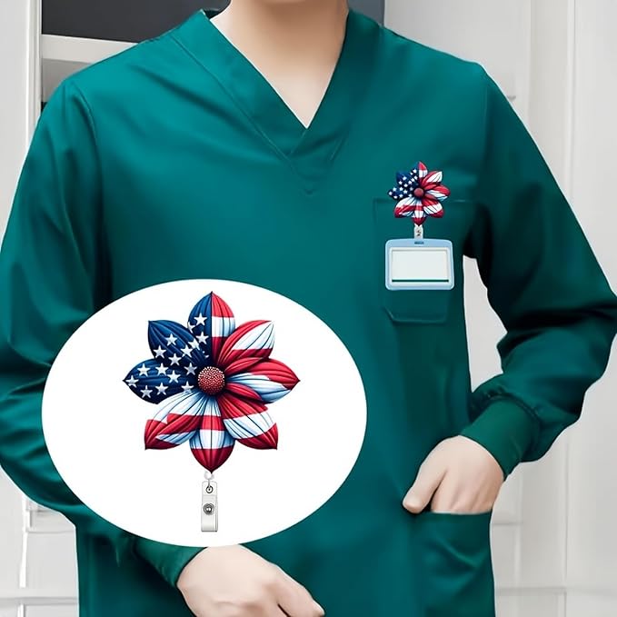 4th of July Flower Badge Holder Retractable with Acrylic Designs Nurse Badge Reel Blue Red Alligator Clip ID Card Patriotic Badge Clip for Teacher Student Independence Day Office Accessories