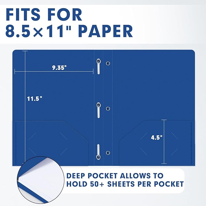 Plastic 2 Pocket Folders with Prongs, 30 Pack, Heavyweight, Letter Size Poly Folders with 3 Metal Prongs Fastener Clips (Blue)