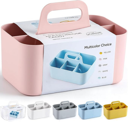 Multiuse Caddy Organizer with Handle - Stackable Plastic Tote Bin - Art Craft Supplies, Office, Desk, Stationery Pen Holder, Kitchen, Utensil, Makeup, Bathroom, Shower, Cleaning, Dorm Organizer - Pink