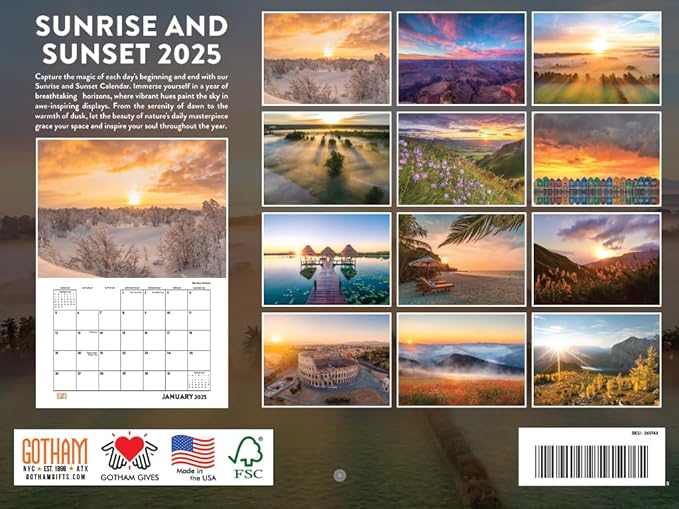 Sunrise and Sunset Calendar 2025 Monthly Wall Calender 12 Month | American Made In The USA