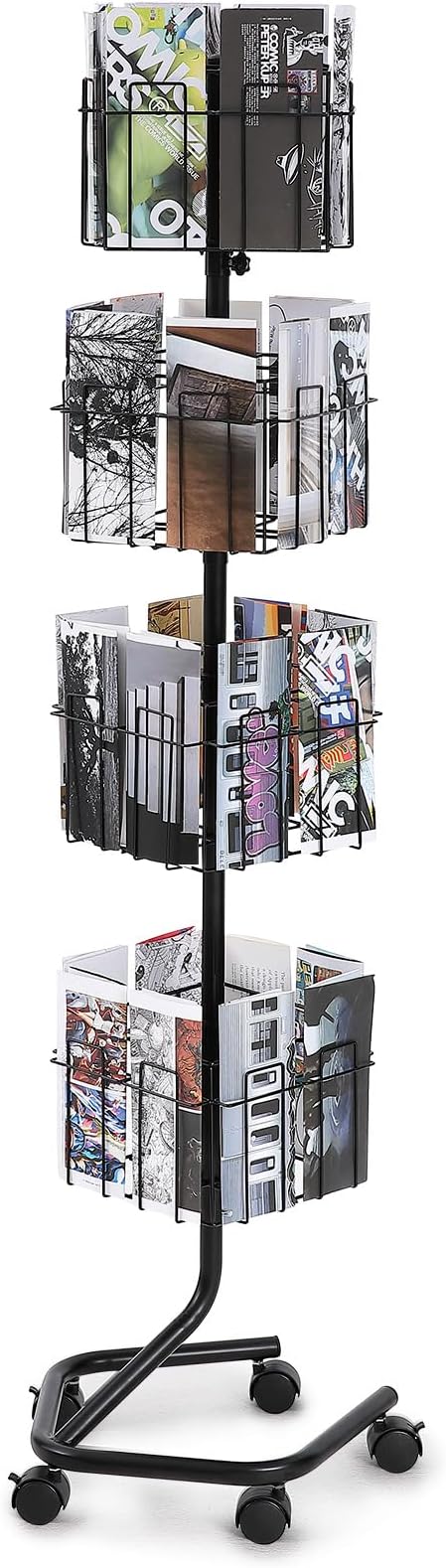 VEVOR Brochure Display Rack, 4-Tier 32 Pockets Rotating Magazine Literature Display Stand for Postcards, 360° Spinning Greeting Cards Rack with 5 Wheels (2 Lockable) for Shop Exhibitions Office