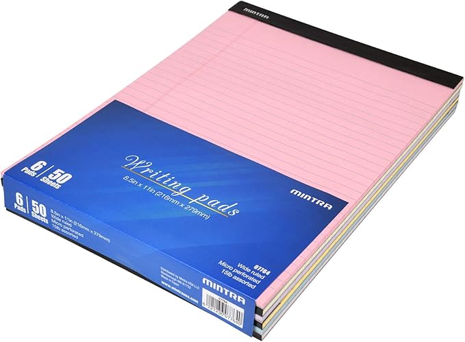 Mintra Office Legal Pads, ((Basic 6pk - (Pastel Version #2), 8.5in x 11in, Wide Ruled)), 50 Sheets per Notepad, Micro perforated Writing Pad, Notebook Paper for School, College, Office, Work