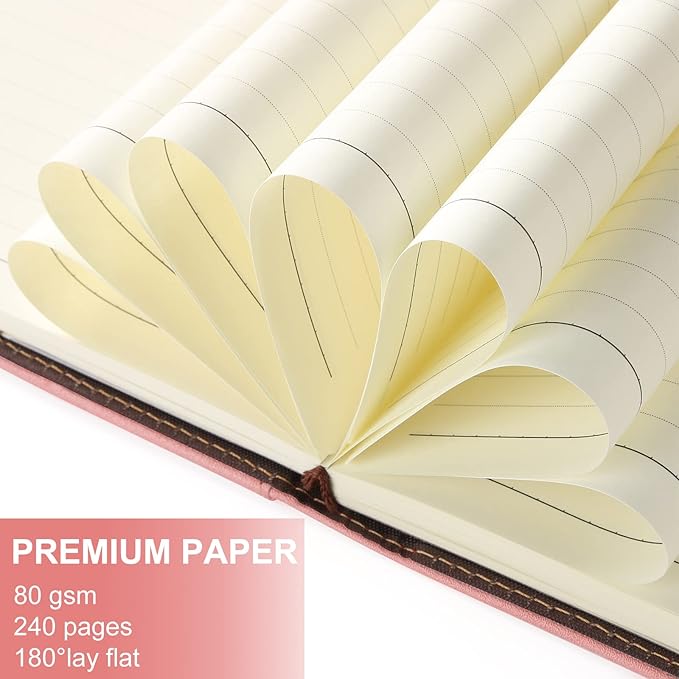 A5 Lined Leather Journal with Pen, 240 Pages Refillable Hardcover Notebook with Pocket and Magnetic Buckle, 80gsm Thick Daily Diary for Men and Women, Great Gift for Business Travel Personal - Pink