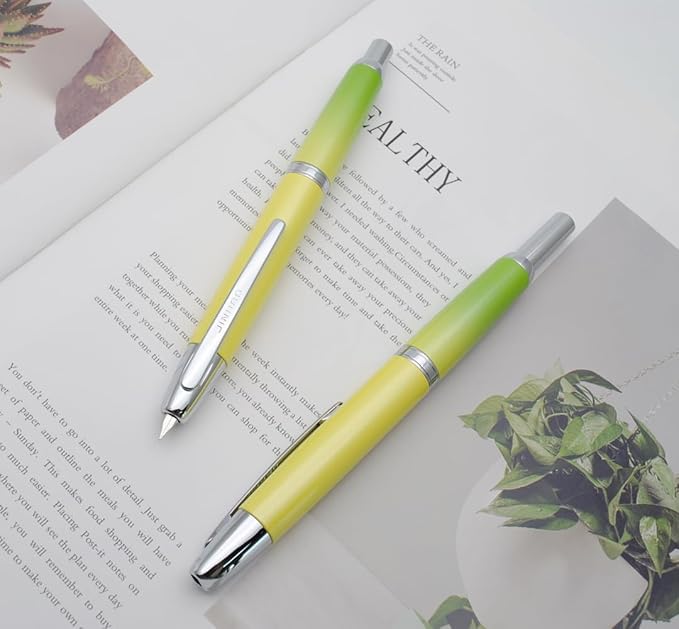 JINHAO 10 Press Fountain Pen, Retractable Metal Pen with Ink Converter (EF Nib 0.38mm, Gradient Green)