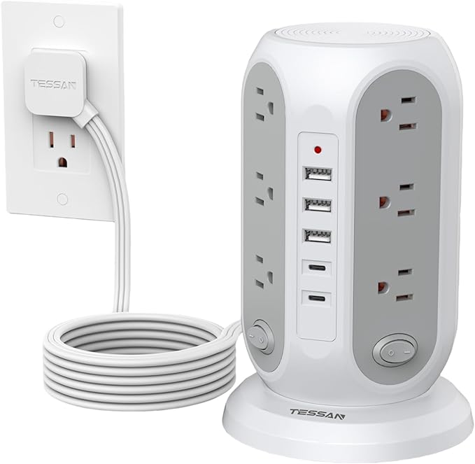Tower Power Strip with Individual Switches, TESSAN Surge Protector with 12 Outlets, 5 USB Ports(2 USB C), Flat Extension Cord 10 Ft, Flat Plug, Charging Station for Multiple Devices, for Office, Dorm