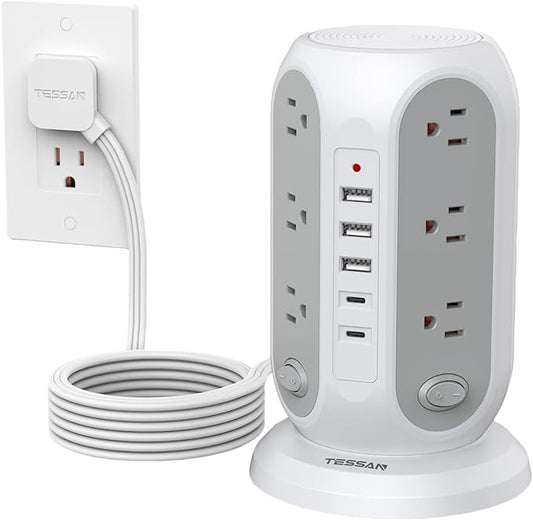 Tower Power Strip with Individual Switches, TESSAN Surge Protector with 12 Outlets, 5 USB Ports(2 USB C), Flat Extension Cord 10 Ft, Flat Plug, Charging Station for Multiple Devices, for Office, Dorm