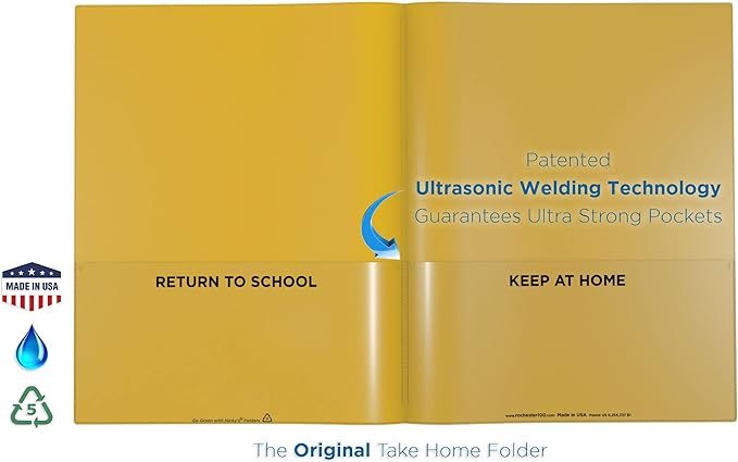 Nicky's Folder® English Communicator, Parent-Teacher Folder, Patented Tear-Resistant, Flexible Plastic, 2 Inside Pockets, 2 Exterior Sleeves, Letter Size Paper, Single Color (24 Pack) (Yellow)