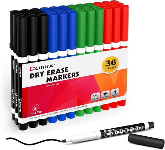 Comix Fine Tip Dry Erase Markers, Low Odor Whiteboard Markers, 36 Bulk 4 Assorted Colors Markers for Kids Teachers Office & School Supplies
