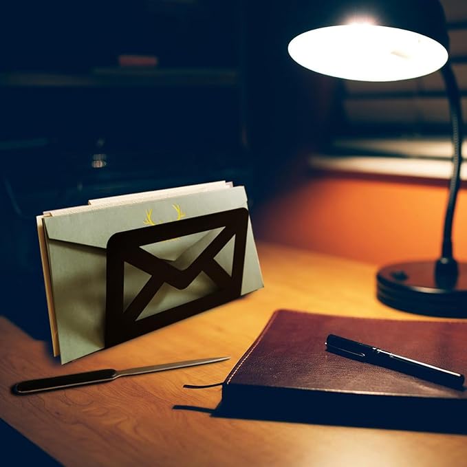 Black Metal Mail Holder, Countertop Letter Organizer with Letter Opener, Office Desktop Envelope Rack, Tabletop Document Stand (Sign)