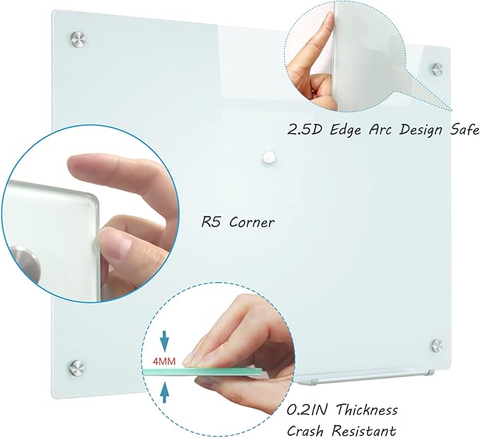 Magnetic Glass Whiteboard, 24"x36"Frameless Dry Erase Board White Board Surface Wall Mounted for Office, Classroom & Home