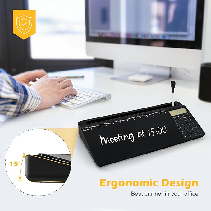 Desktop Glass Whiteboard with Calculator(12 Digit LCD Display) & Ruler Marker,Tilted Notepad Computer Keyboard Stand with Black Dry Erase Board Surface, Desk Organizers with Accessories,Black