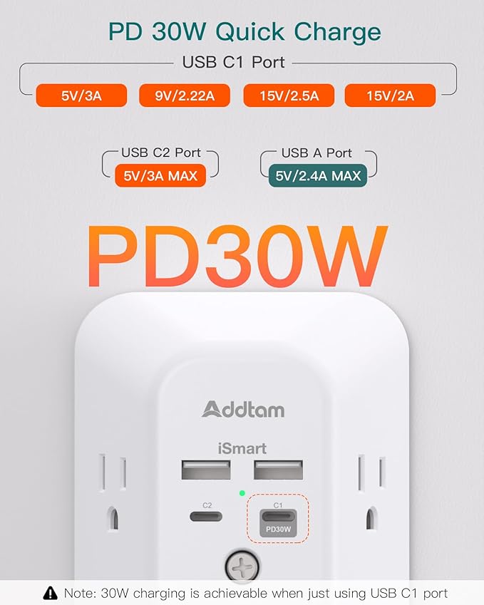 Outlet Extender Surge Protector - Addtam 5-Outlet Splitter with 4 USB Wall Charger(PD 30W), Multi Plug Wall Outlet Power Strip for Home, Dorm Room Essentials