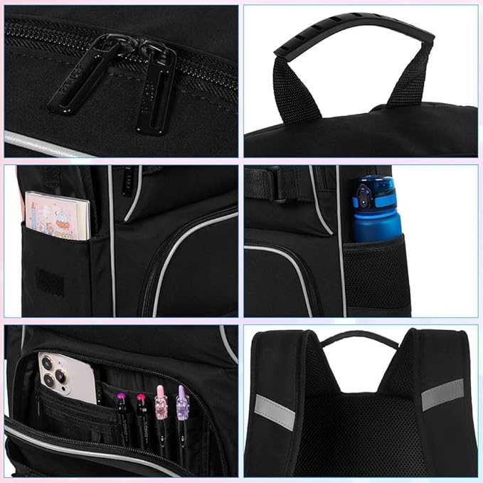 3PCS School Backpack for Girls and Boys, 17" Water Resistant Laptop Backpacks with Lunch Box, Cute Black Bookbag Set for Women Men College Teenagers High Middle Elementary School