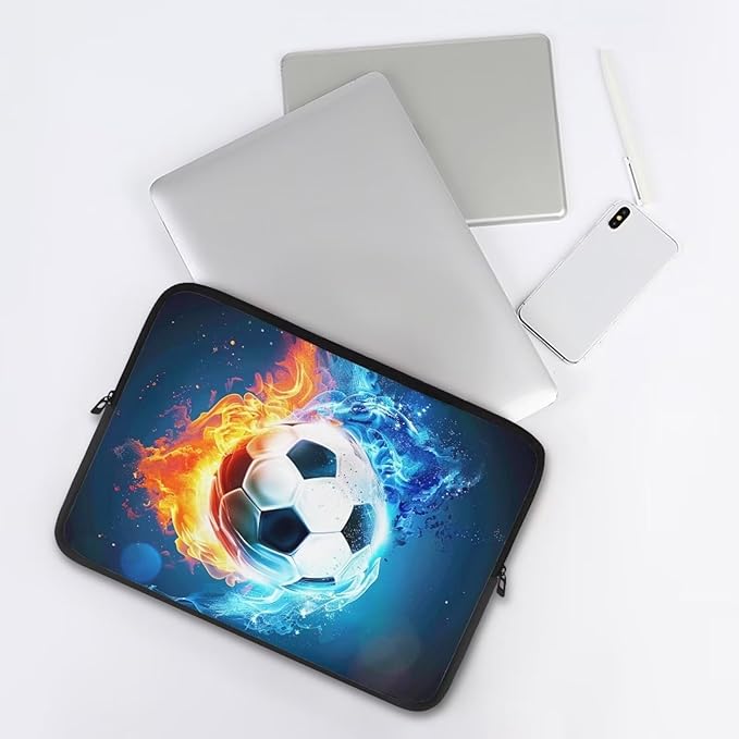 Water and Flame Football Laptop Sleeve for Boys Men 10 inch Lap Top Case Portable Laptop Protector Zippered Pouches with Humanize Design Computer Carrying Case Soccer Briefcase