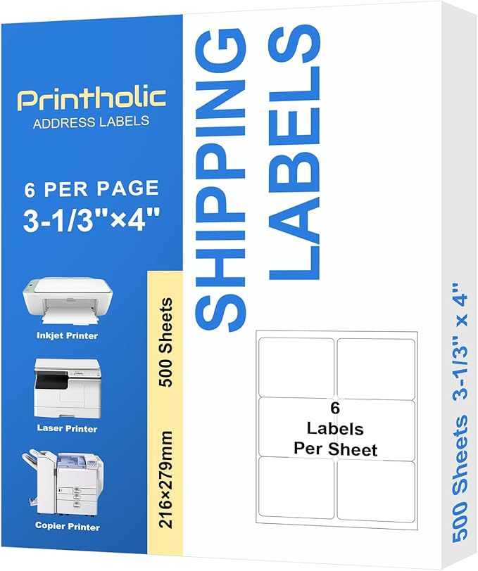 6 Per Sheet Label Address Labels 3-1/3" x 4" Self Adhesive Sheets Shipping Labels Easy Peel & Feed White Stickers for Laser & Inkjet Printers (500 Sheets, 3000 Labels)