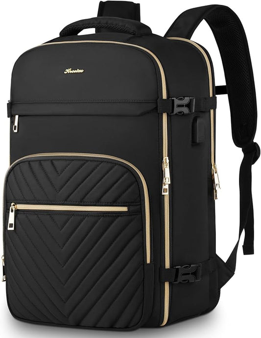 Travel Backpack for Women, Carry On Backpack for Airplanes Flight Approved, Waterproof Large Weekender Overnight Bag Fit 17 Inch Laptop with USB Charging Port, Black