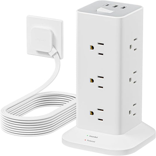 Surge Protector Power Strip Tower, TESSAN 15 ft Flat Extension Cord Surge Protection 900J with 12 AC Outlets and 3 USB (1 USB C), Multiple Charging Station for Office Supplies, Dorm Room, Home, White