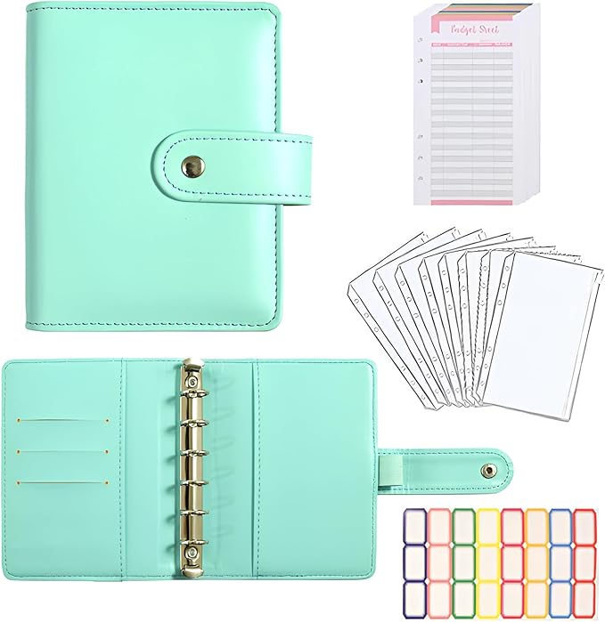 A7 Budget Binder Set - Mini Money Organizer for Cash Saving, Cash Stuffing Envelope System, Planner Binders with Pockets, Sheets and Stickers, Green