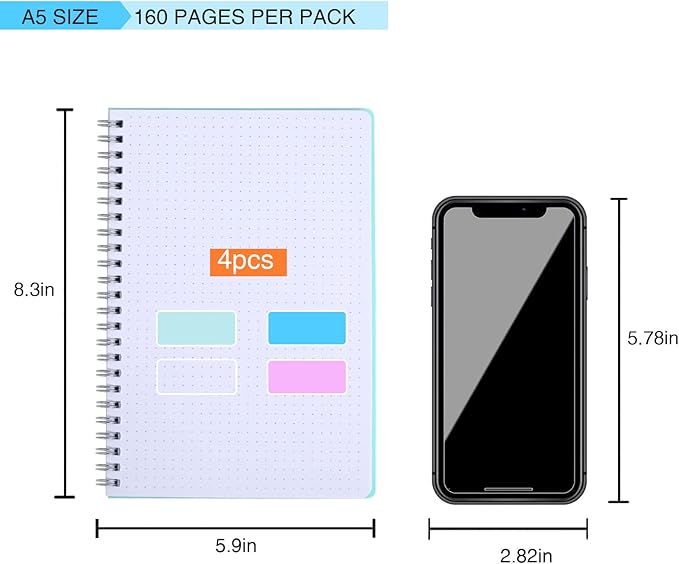 Spiral Notebook, 4 Pack Dot Grid Notebooks 5.7" x 8.3", Bullet Dotted Journal, 640 Pages, Cute College School Supplies Notebooks for Work, Aesthetic Gift Office Supplies for Study and Notes