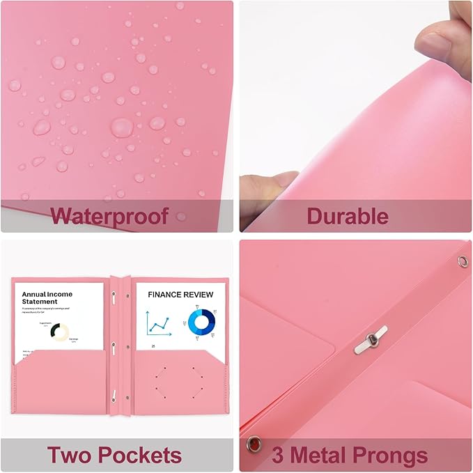 ViVin 12-Pack Durable 3-Prong Plastic Folder, Heavy Duty Pocket Folder with Brads, Pastel Color, Letter Size Poly Folders with 2 Pockets, Cute Folders for Kids, Students, Teachers and Officer (Pink)