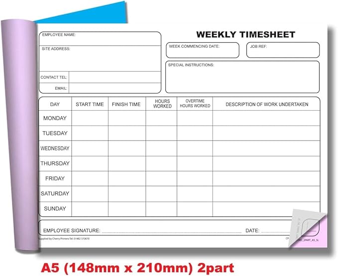 Cherry | NCR | Weekly Timesheet | Duplicate Book | SL (Small and Light) | A5 | 40 sets