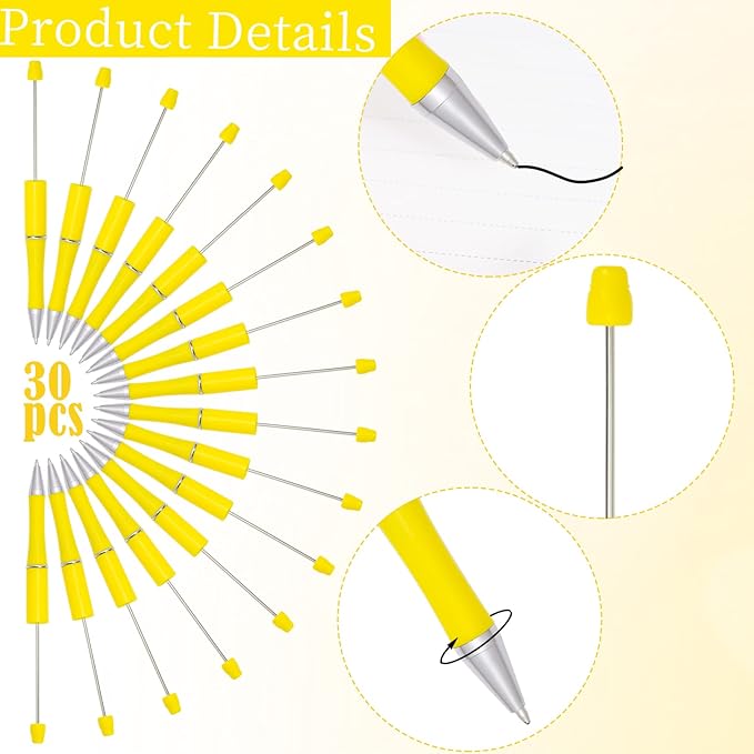 jiebor 30Pcs Yellow Beadable Pens Plastic Bead Pen Black Ink Ballpoint Pens Diy Pens Cute Cool Pens for Teacher Bridal Graduation Gift Office Supplies