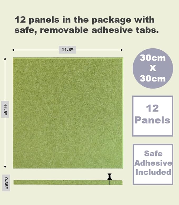 Cork Board 48 x 36 Alternative – 11.8x11.8x0.35 Inches 12 Pack Felt Wall Tiles with Safe Removable Adhesive, Large Cork Board for Office Walls Pin Board Cork Tiles for Classroom - Grass Green