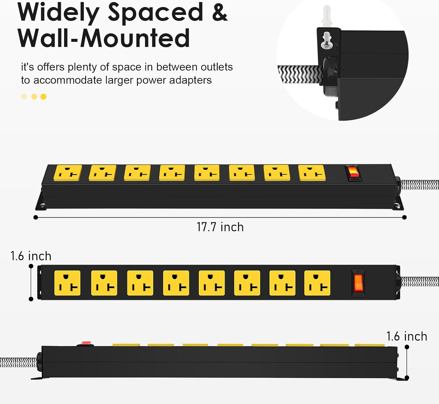 20Amp Power Strip Surge Protector, Long Metal 8-Outlets with Heavy Duty 20 amp 6Ft 12 Gauge Extension Cord for Garage Workshop & Industrial Use, 1200J