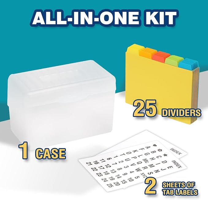 H4D Index Card Holder 4x6 Inches with 25 Plastic Dividers, Clear