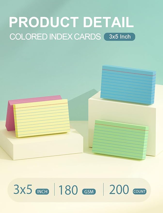 Colored Index Cards 3x5 Inch - 200 Pack, Ruled Index Flash Cards for Studying, Lined Index Note Cards 3" x 5" with Colorful, Heavy Colored Flashcards 3x5 Notecards for Office, Home and School Supplies
