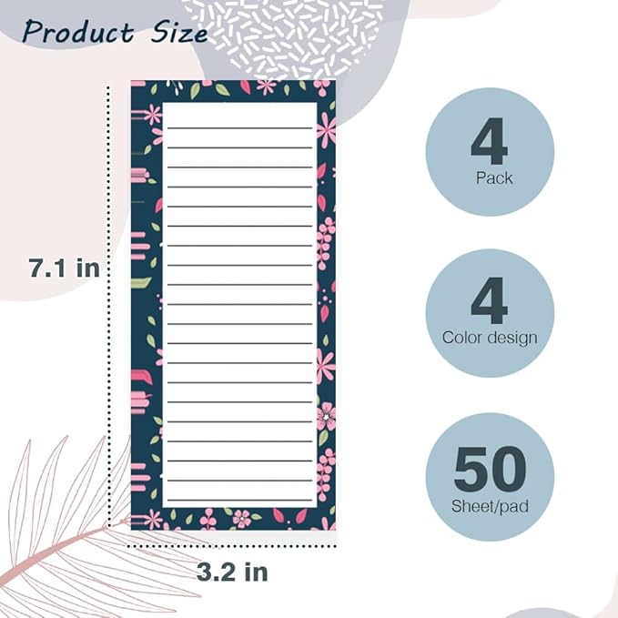 4 Pack Magnetic Notepads for Refrigerator, Full Magnet Back Design Magnetic Memo Pads, 50 Sheets Per Note Pads To-Do List, Shopping List (Floral Style)