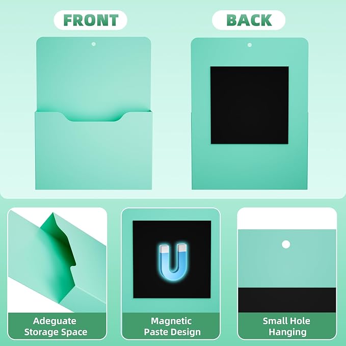 2 Pack Magnetic File Holder - Paper Holder, Pocket Organizer,Hanging Wall File Organizer Office Supplies Storage, Magazine Mail Organizer Case for Notebooks,Planners,Letter (Green)