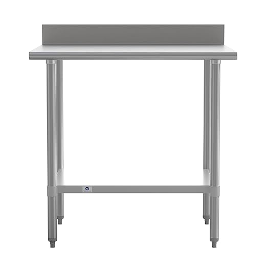 Flash Furniture Reese Commercial Stainless Steel Prep/Work Table for Back Kitchen, 430 Stainless Steel, 18 Gauge, Adjustable Shelf, 4" Backsplash, 30" x 36"