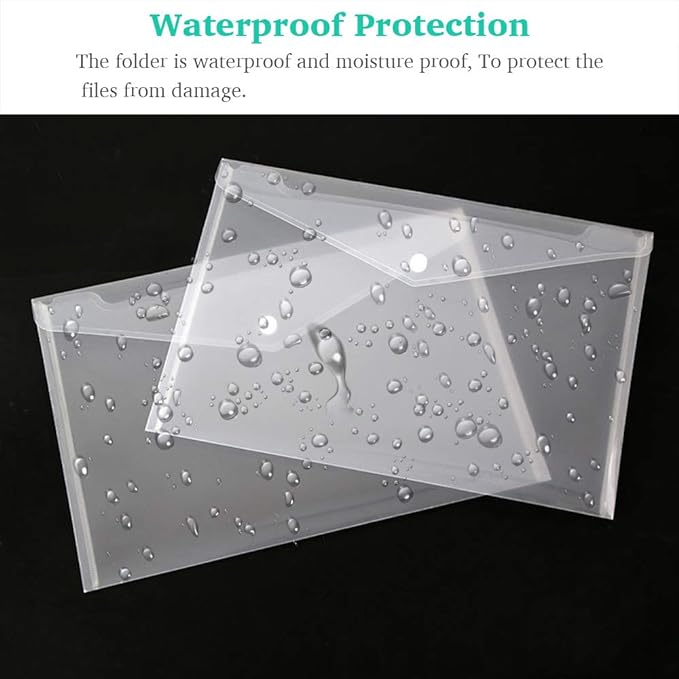 Clear Document Folders Transparent Filing Envelopes Waterproof Plastic Envelopes File Holder Filing Document Poly Envelope with Snap Button Closure for A4 Letter Paper Size (5 Pcs)
