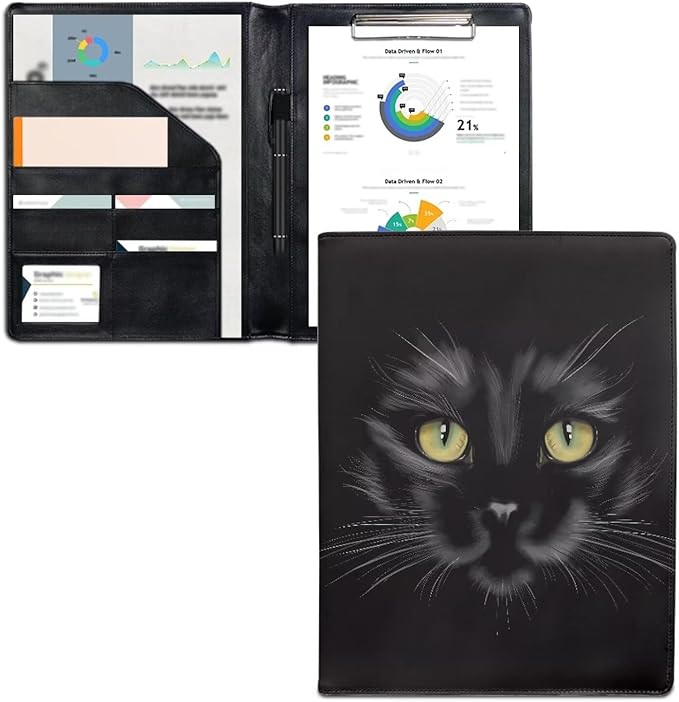 Black Cat Print Portfolio Folder Leather Padfolio with A4 Size Clipboard Clip for Business Resume Interview Document Sleeve Binder Folder for Men/Women
