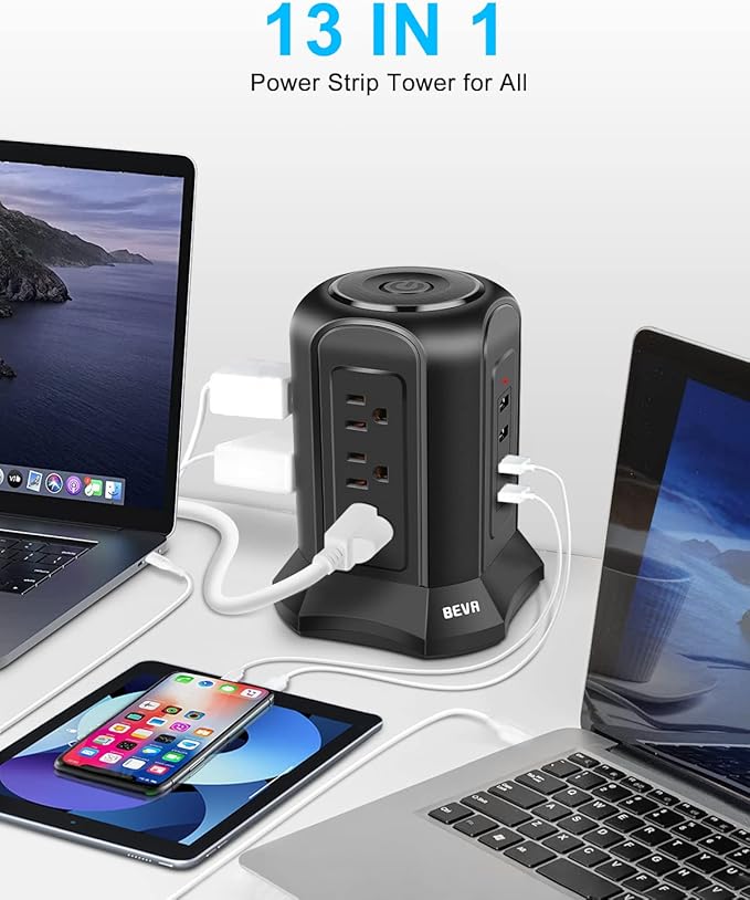 BEVA Tower Surge Protector Power Strip, Desk Charging Station with 9 AC Outlet and 4 USB Ports, 18AWG 6.5 FT Extension Cord, 3-Prong Flat Plug, Multiple Outlets for Office Dorm Apartment Essentials
